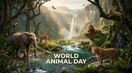 Obraz premium World Animal Day Various wild animals gathering by a river in a lush landscape
