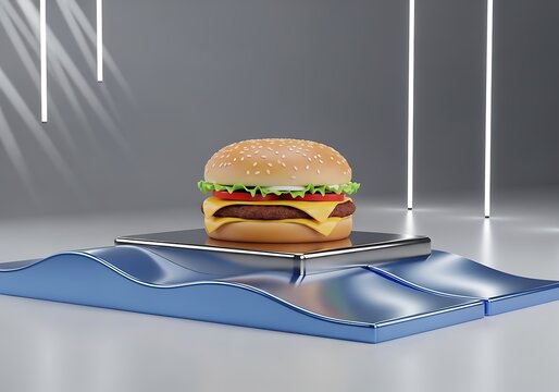 Colorful pixel art burger on a plate with blue placemat