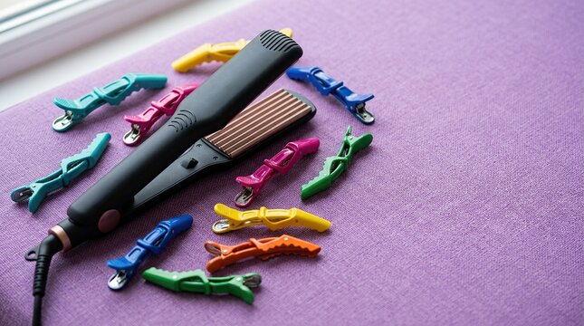Hair Straightener and Sectioning Clips on Purple Fabric