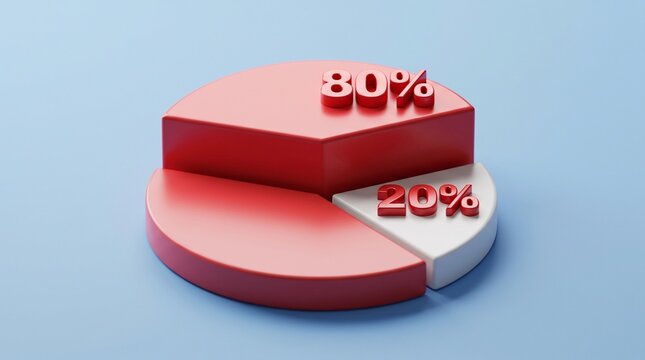 Pie Chart Analysis: A 3D red and white pie chart illustrates a business concept, with sections marked 80% and 20%, set against a plain blue background.