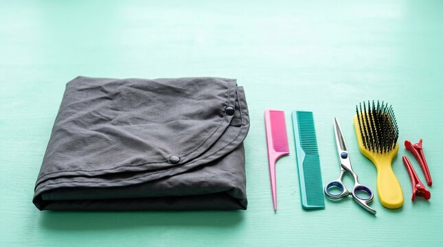 Hairdressing Tools and Cape on Light Blue Background