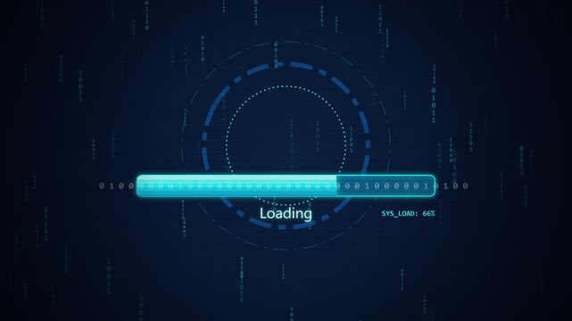 Futuristic digital loading bar with HUD interface and binary code
