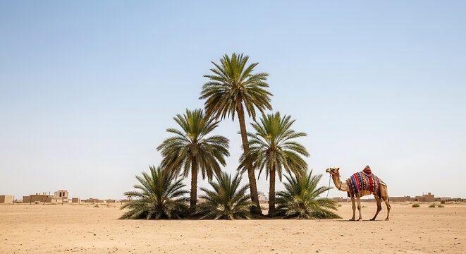 Camel near palm trees in an arid desert landscape with dromedary, landscape