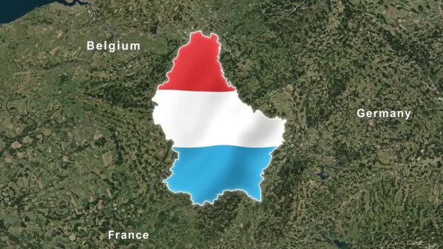Luxembourg country map with national flag textured inside boundary on satellite topography background with neighboring countries labels