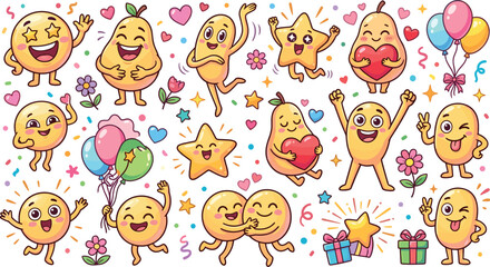 Fototapeta premium Hand Drawn Happy Emoji Sticker Collection with Joyful Characters, Hearts, Balloons, Flowers, Gifts, Stars, Confetti, and Celebration Expressions