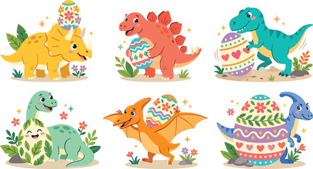 Obraz premium Cute cartoon baby dinosaurs holding colorful decorated easter eggs vector illustration element set isolated on white background