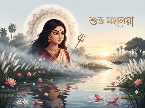 Shuvo Mahalaya of a goddess figure by a river at sunrise