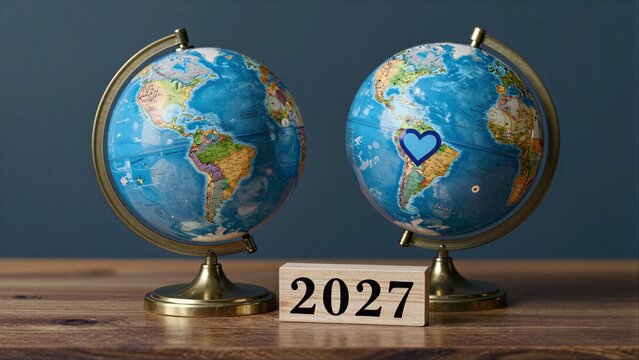 Two globes, one marked with a heart over South America, flank the year 2027.