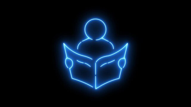abstract glowing neon person reading book icon isolated on black background. futuristic education, learning, knowledge, and study concept . 4k motion video animation