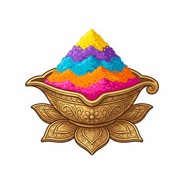 Holi festival lotus diya bowl with colorful gulal powder sticker