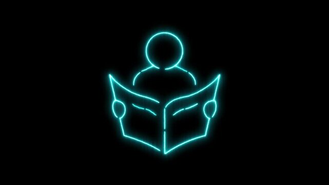 abstract glowing neon person reading book icon isolated on black background. futuristic education, learning, knowledge, and study concept . 4k motion video animation