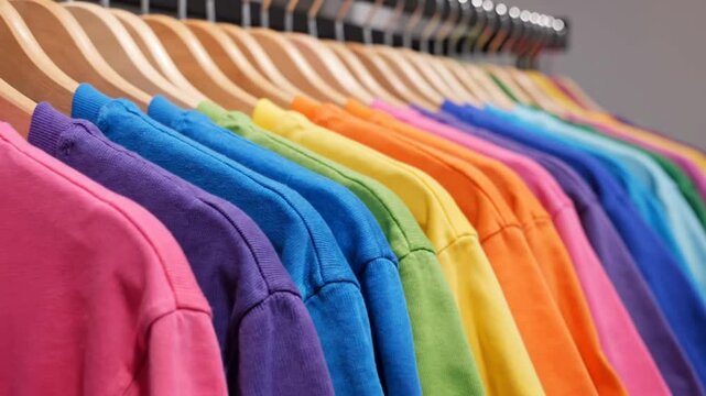 Colorful rainbow t-shirts hanging on wooden clothes hangers in retail shop for sale