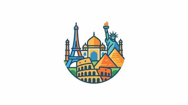 Flat vector world landmark illustration, famous global monuments circular emblem, travel and tourism icon design