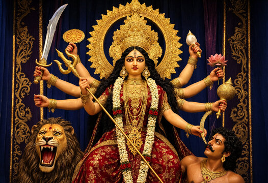 Colorful Traditional Goddess Statue Holding Weapons and Symbols with Lion and Man