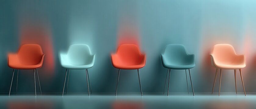 Creative Interview Space with Isometric Illustration of Colorful Chairs in Modern Design for Candidate Selection