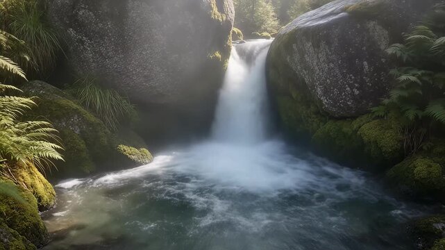 Nature - Tranquil waterfall flowing between large mossy boulders into a clear crystal pool surrounded by lush green ferns and forest foliage in a serene natural landscape