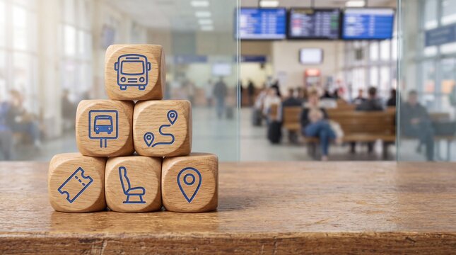 Wooden blocks with travel and transportation icons on a wooden table inside a bus station terminal background