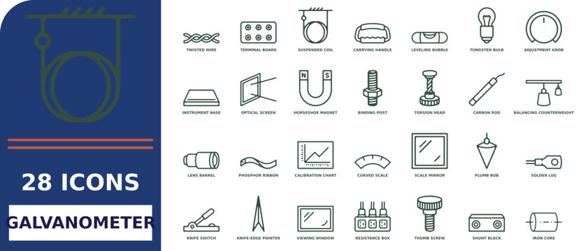 set of 28 galvanometer and physics laboratory instrument icons in outline style