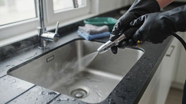 Steam cleaning machine nozzle spraying hot vapor into stainless steel kitchen sink for deep sanitization by gloved hand.
