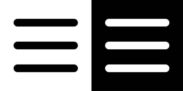 Hamburger Menu Three Horizontal Lines Icon Set, Solid Black and White