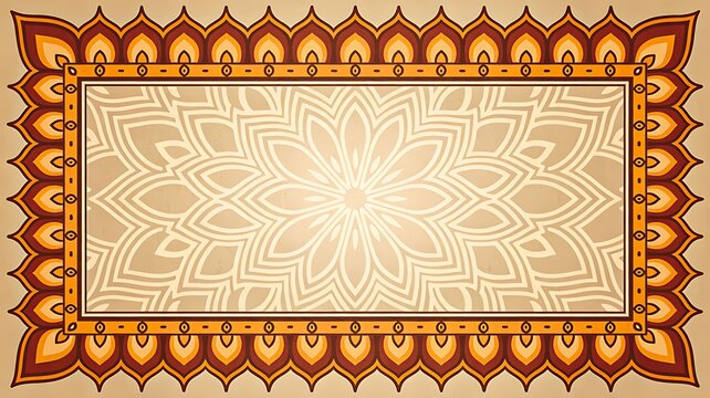 Decorative geometric floral pattern with ornate border in brown and beige