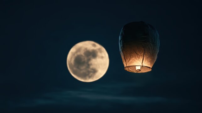 Night sky with bright full moon and glowing paper lantern floating in dark blue atmosphere above horizon