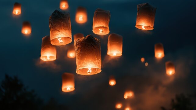 Glowing sky lanterns floating peacefully in the dark night sky with warm orange light and soft glowing effect