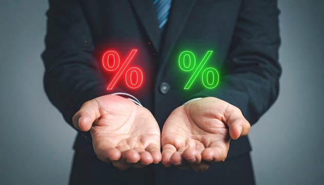 Businessman presenting contrasting red and green percentage symbols, symbolizing changing interest rates, financial alternatives, investment decisions, and economic market conditions.