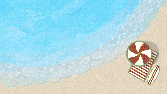 top view of beach illustration technology background. sunny ocean or sea waves with foam umbrellas beach towels surfboard represents summer vacation planning provides seasonal tourism background.