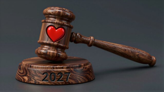 Wooden gavel with heart, 2027 symbolizing justice and love in law.