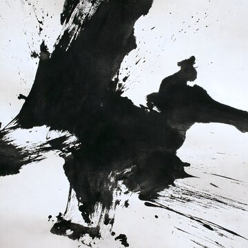 Black sumi-e ink brush stroke on white background with splatter and minimalist Japanese calligraphy style
