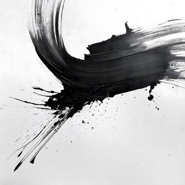 Black sumi-e ink brush stroke on white background with splatter and minimalist Japanese calligraphy style