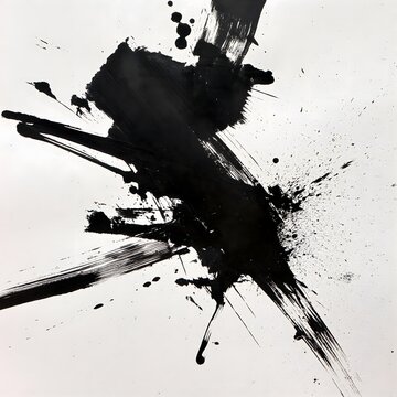 Black sumi-e ink brush stroke on white background with splatter and minimalist Japanese calligraphy style