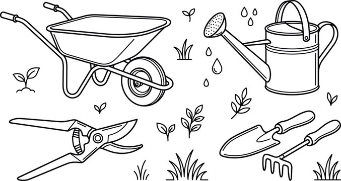Gardening tools wheelbarrow watering can pruner shovel rake plant grass leaf line art vector illustration equipment set