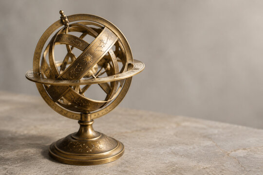 Vintage brass armillary sphere on stone table, astronomy and antique navigation concept