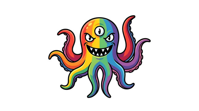 Colorful rainbow three-eyed monster octopus cartoon sticker.