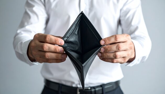 Person opening an empty black wallet, symbolizing lack of money, financial difficulties, reduced income, budgeting pressure, and economic hardship.