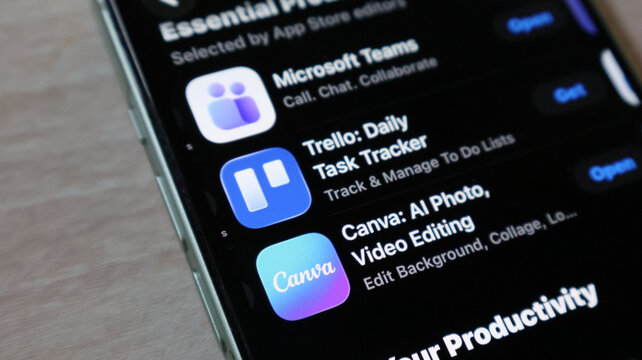 Smartphone displaying collaborative project management and design apps in digital store.