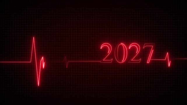 Neon heartbeat display with 2027 pulsing, dark red background with subtle grid pattern, ekg monitor shows rhythmic activity ideal for health and wellness themes.