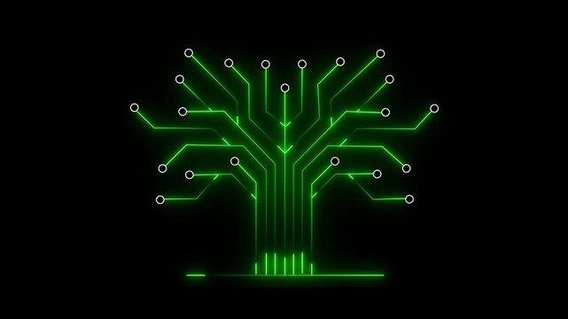Digital tree graphic glowing with neon green lines forming abstract electronic circuit board pattern isolated on black background for high tech data network communication concept.