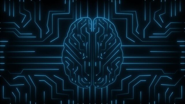 Artificial intelligence digital brain animation with glowing neon blue circuitry lines pulses through motherboard background representing machine learning technology concept.