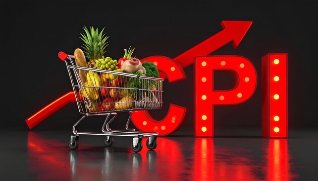 Grocery cart filled with food alongside CPI letters and an upward arrow, illustrating inflation, higher consumer prices, food costs, and economic pressure.
