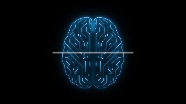 A captivating digital brain scan, represented by a vivid blue neon circuit board, pulsates with life as a scanning laser traverses its intricate pathways on a deep black background.