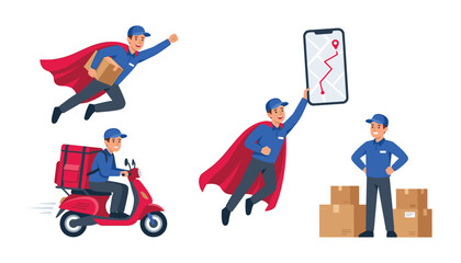 Fast delivery courier service character set featuring super courier flying with cape, riding scooter, holding package boxes, and navigation map tracking. © akin