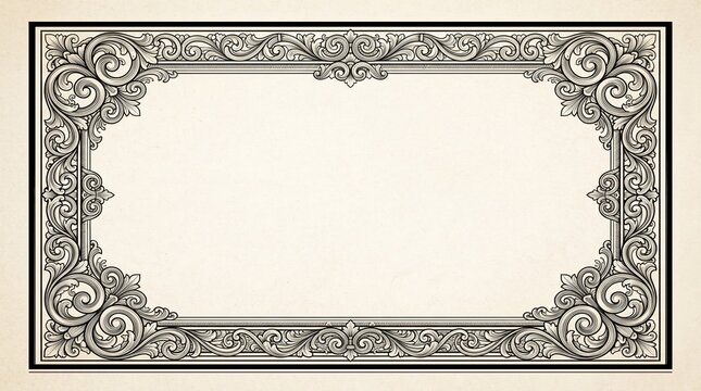Ornate vintage border frame featuring intricate baroque scrollwork and classical engraved flourishes rendered in stark black ink upon textured aged paper background surface
