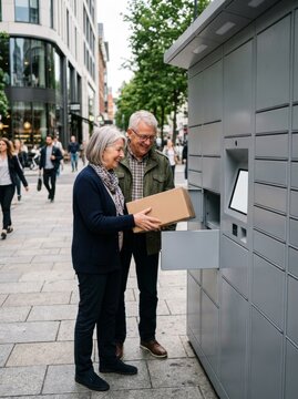 Senior couple collecting parcel from automated parcel locker on city sidewalk. Happy mature man and woman holding cardboard box at pickup station. Online shopping delivery concept.