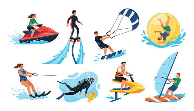 Extreme water sports vector character set featuring people jet skiing, flyboarding, kitesurfing, windsurfing, scuba diving, water skiing, and hydrofoil surfing activities.