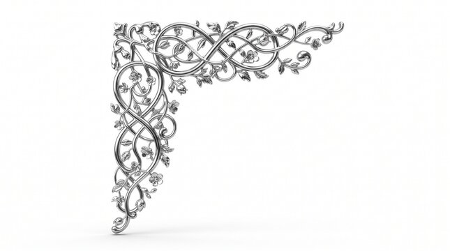 Elegant silver floral corner ornament featuring intricate metallic vines and blooming flowers shaped into a beautiful decorative border against a clean white background.