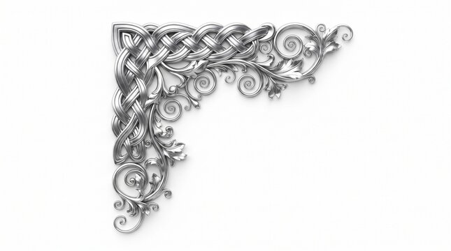 Ornate silver corner bracket featuring intricate metal scrollwork intertwining Celtic knot patterns and classic baroque floral motifs isolated on pure white background