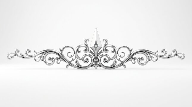 Elegant metallic silver baroque scrollwork ornament featuring intricate flourishes curves and a sharp central spear isolated against a clean white studio background